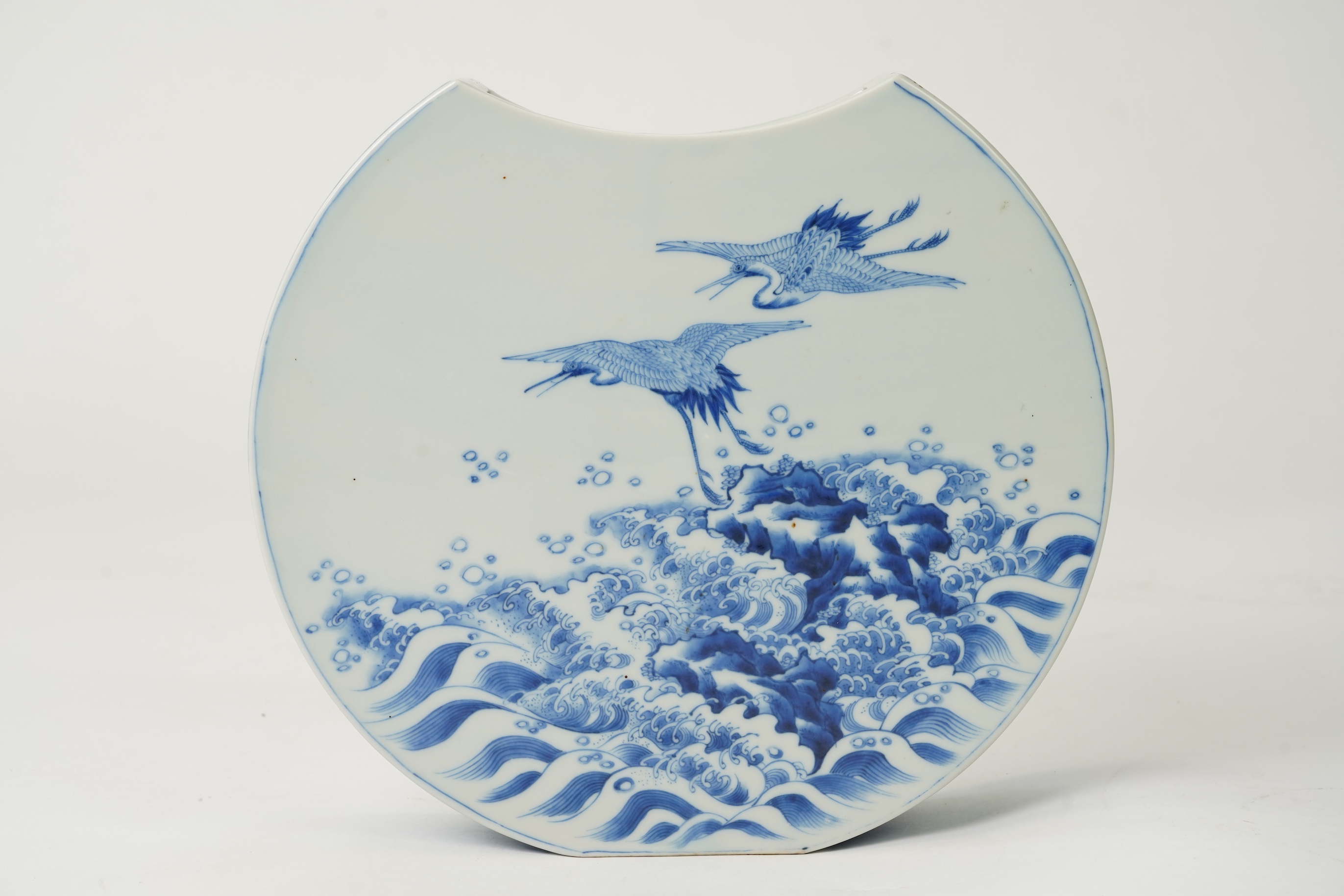 A Japanese blue and white crescent moon-shaped vase, probably Arita, late 19th century
